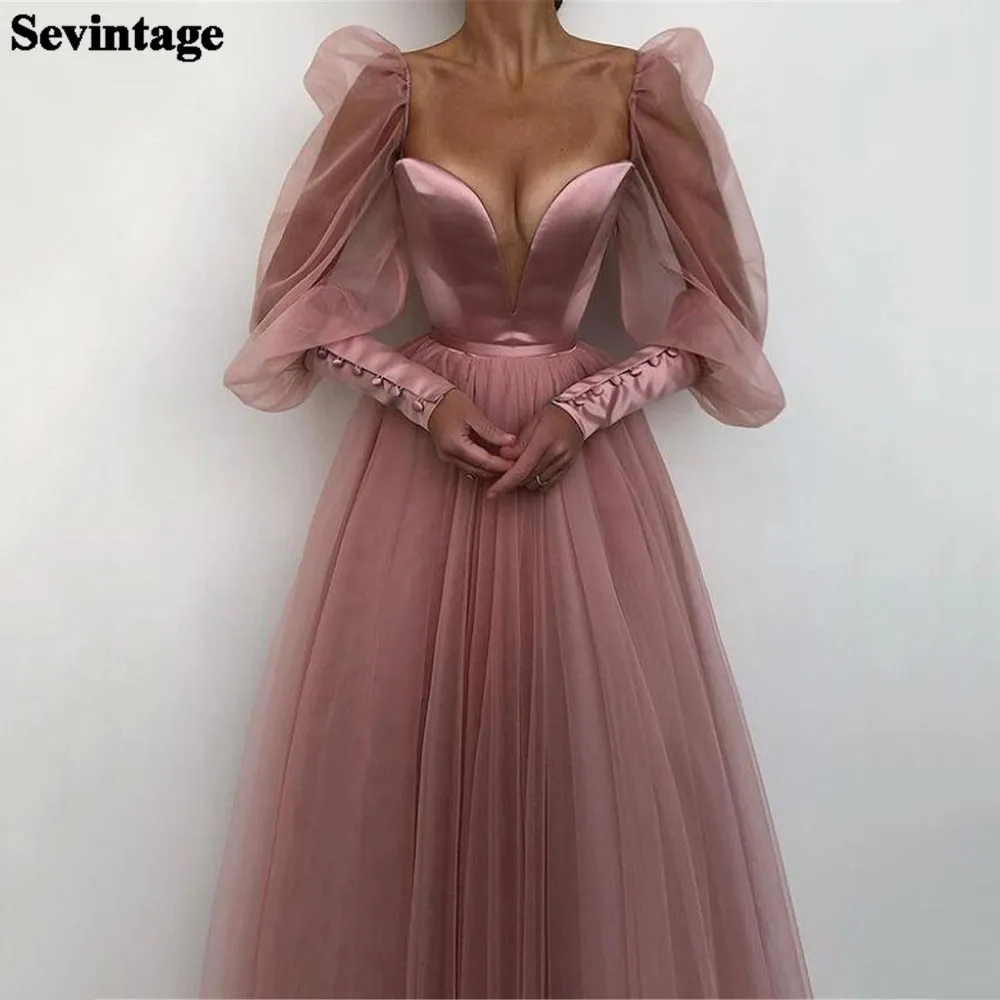 

Женское атласное платье на пуговицах Sevintage, длинное облегающее платье с длинным рукавом и глубоким V-образным вырезом, бальное платье для вы...