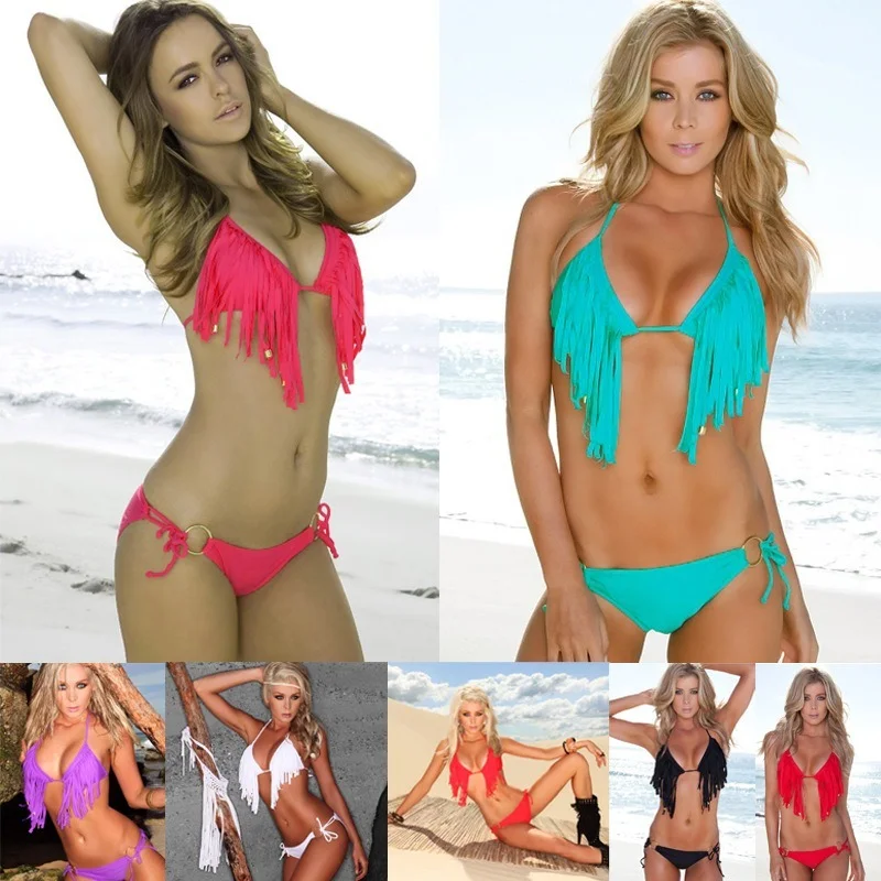

Luckyzone 2021 Summer New Fringed Bikini Swimsuit Ladies Split Solid Color Sexy Beach Swimwear