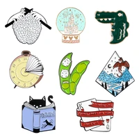 magic world metal pins brain castle dragon clock cat crocodile poker pea brooches badges clothes pins jewelry gifts for friends