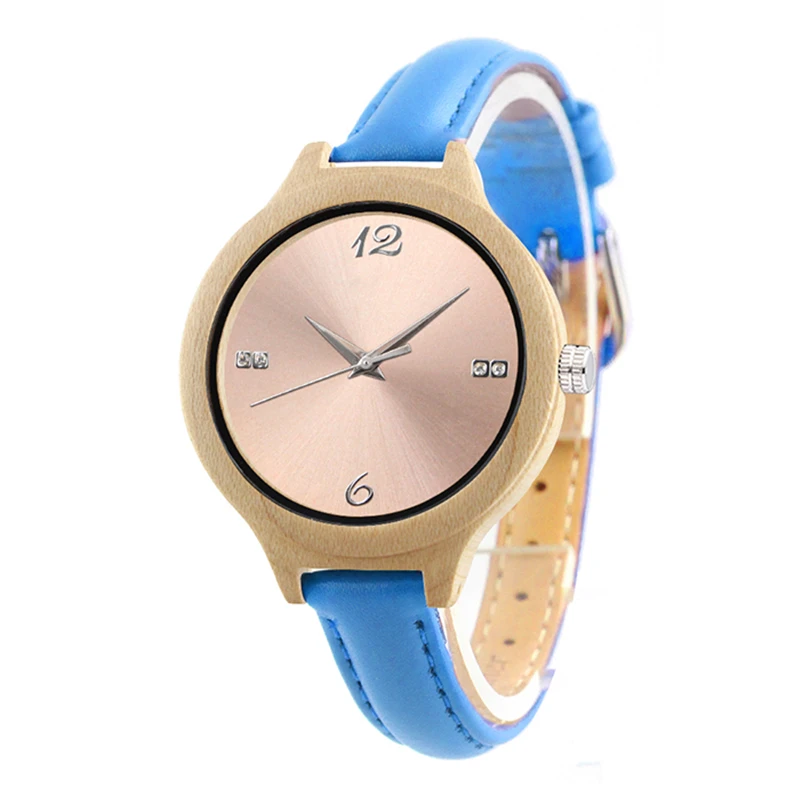Dropshipping Fashion Womens Rose Gold Dial Wristwatch and Maple Wooden Watches with Leather Band Belt Strap