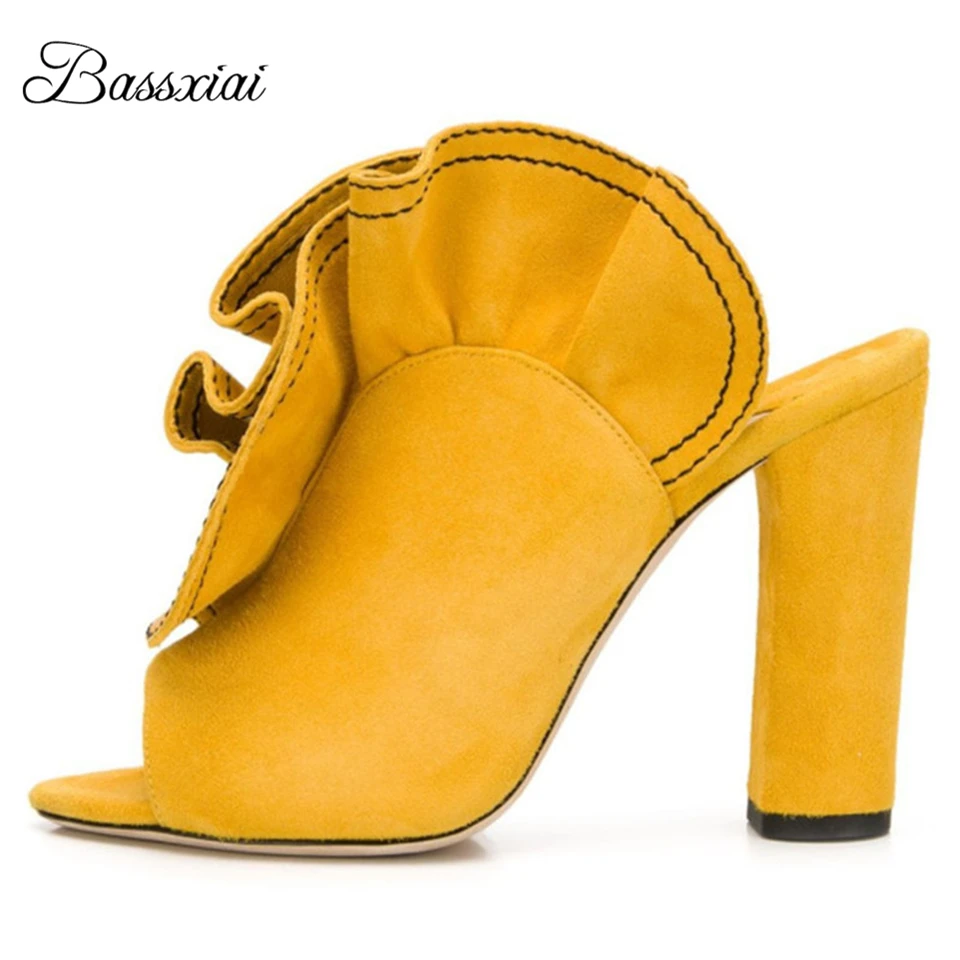 

Туфли-лодочки Lazyman женские с открытым носком, швейные Роскошные замшевые туфли на массивном каблуке, с оборками, с ремешком на пятке, для дев...