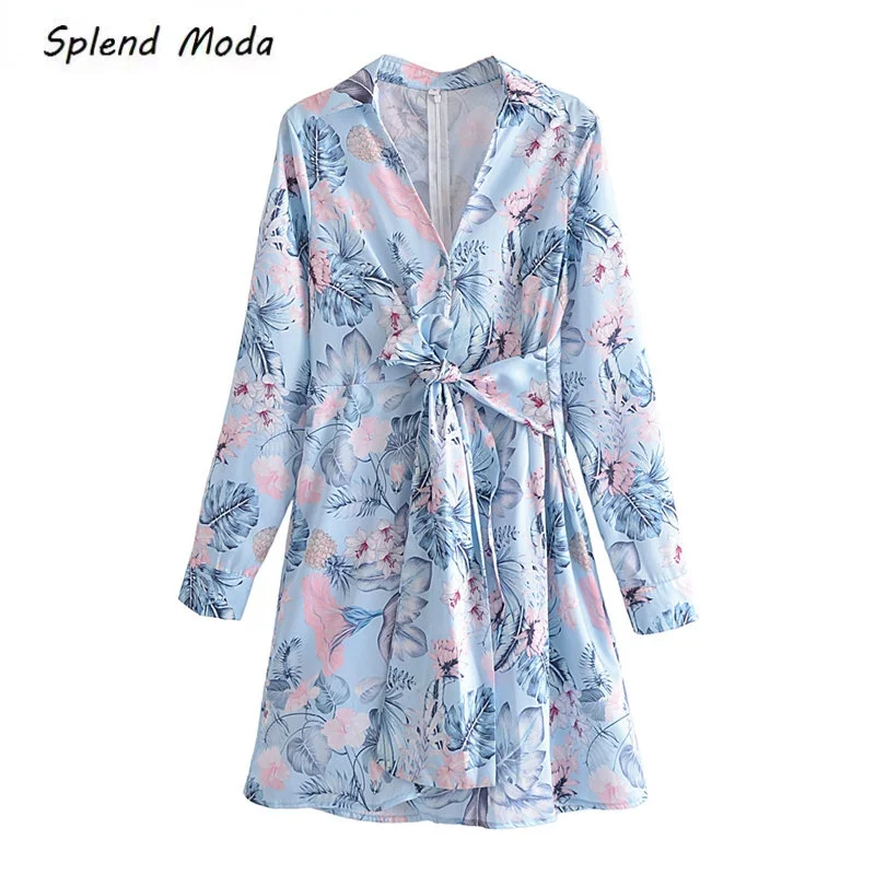 

Женское мини-платье с длинным рукавом, V-образным вырезом и поясом