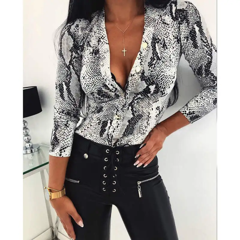 Autumn Sexy Serpentine Pattern Long-Sleeved V Neck Women Bodysuits Fashion Leopard Printed Skinny Rompe Bodysuits - Color: A1