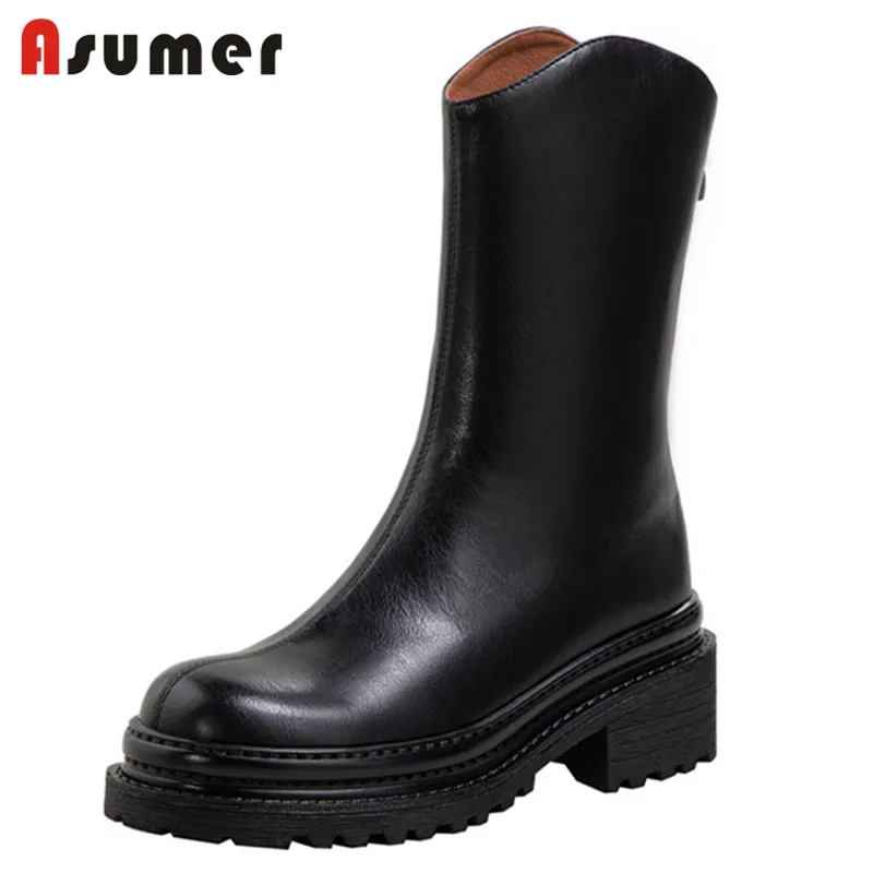 

Asumer 2022 Top Quality Genuine Leather Footwear Women Chelsea Boots Square Heel Platform Shoes Zip Punk Shoes Women Ankle Boots