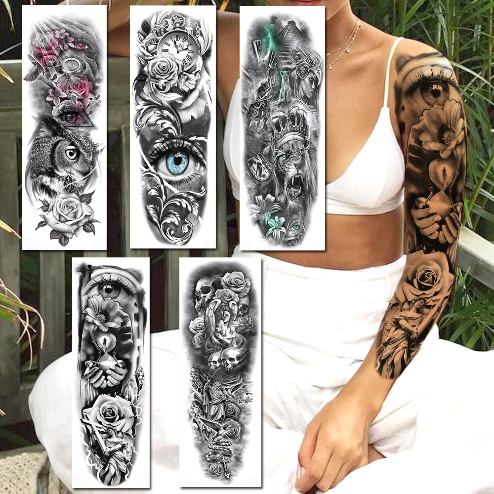 

Evil Eyes Large Size Tattoos Sticker Realistic Fake Black Skull Clock Military Sleeve Temporary Tattoos For Women Men Full Arm