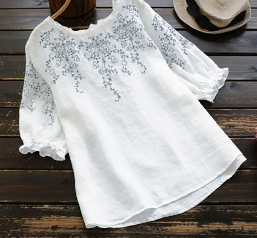 

Neck Cotton Tunic Women's Summer Blouse 2021 Causal Half Sleeve Tee Shirts Female Embroidery Tops Plus Size 5XL