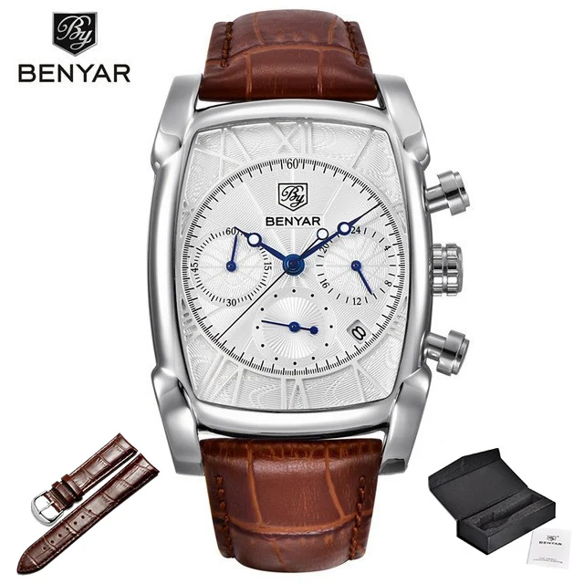Silver white Топ люксовый бренд мужские s часы BENYAR кварцевые Бизнес наручные часы мужские модные спортивные водонепроницаемые хронограф Relogio Masculino - Цвет: Silver white