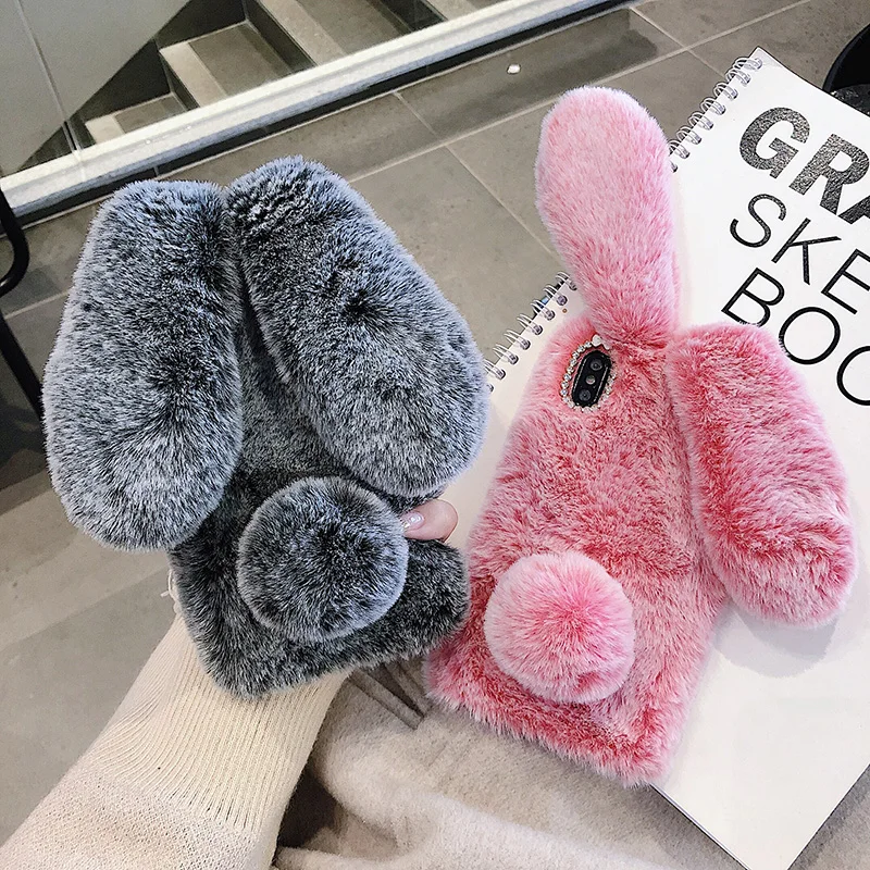 Fur Plush Cute Warm Rabbit Ears Phone Case For OPPO Realme X7 XT X2 Pro C25 C21 C15 C12 C11 C3 Reno 5F 4Z A5 A9 A31 A53 A15 A54