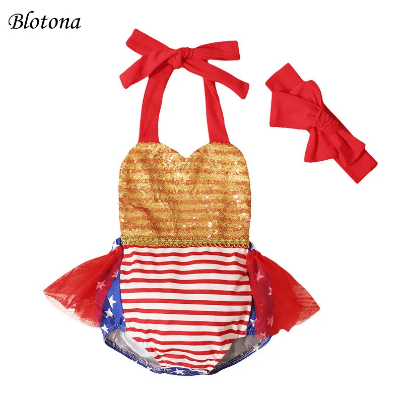 

Blotona Baby Girls Independence Day Outfit, Infant Sequins Mesh Splicing Sleeveless Halter Romper + Bow Headwear 0-18Months