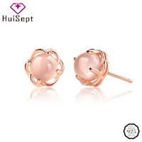 huisept fashion 925 silver jewelry earrings round shape rose quartz gemstone stud earring for women wedding engagement accessory