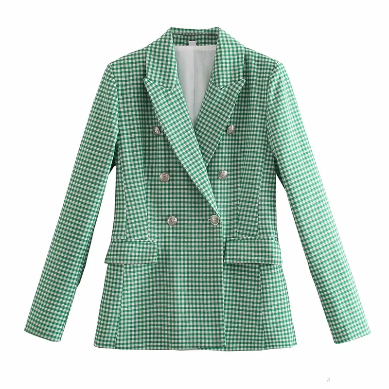 

PUWD Vintage Women Green Long Sleeve Plaid Blazers 2021 Summer Fashion Ladies Chic Double Breasted Outwear Girls Casual Blazer