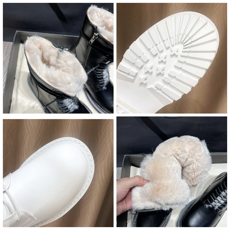 

ORCHA LISA 2021Retro Mid Calf Boots Punk British Plush Zip Lace Up Round Toe 3CM Flat Block Heel Size 35-40 Black White A4485