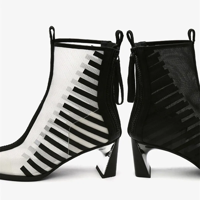 Сетчатые ботинки с острым носком Короткие женские в полоску Туфли лодочки на