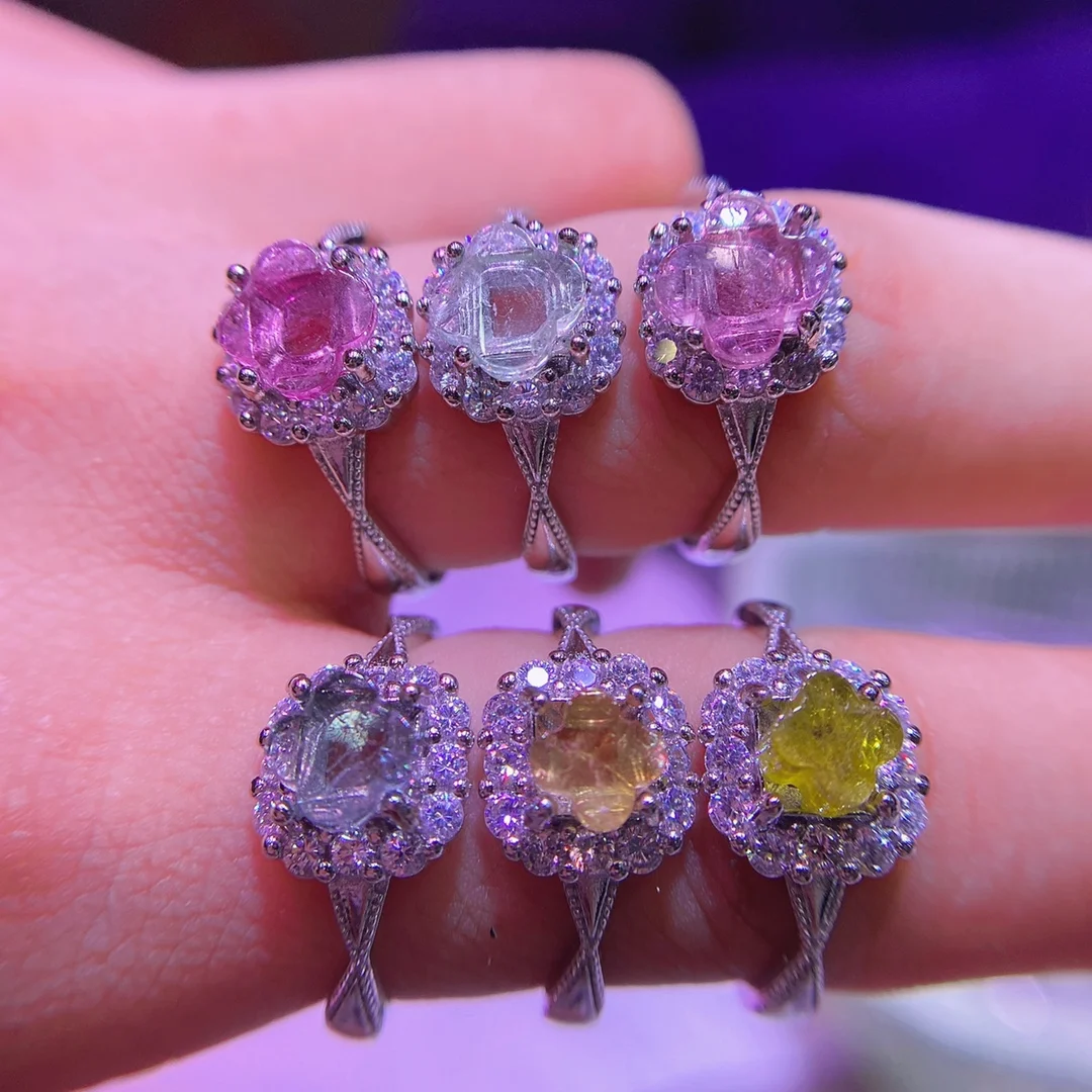 

1Pcs Wholesale Natural Tourmaline Ring Jewelry S925 Sterling Silver Inlaid Four-Leaf Clover Momen Fashion Trendy And Versatile