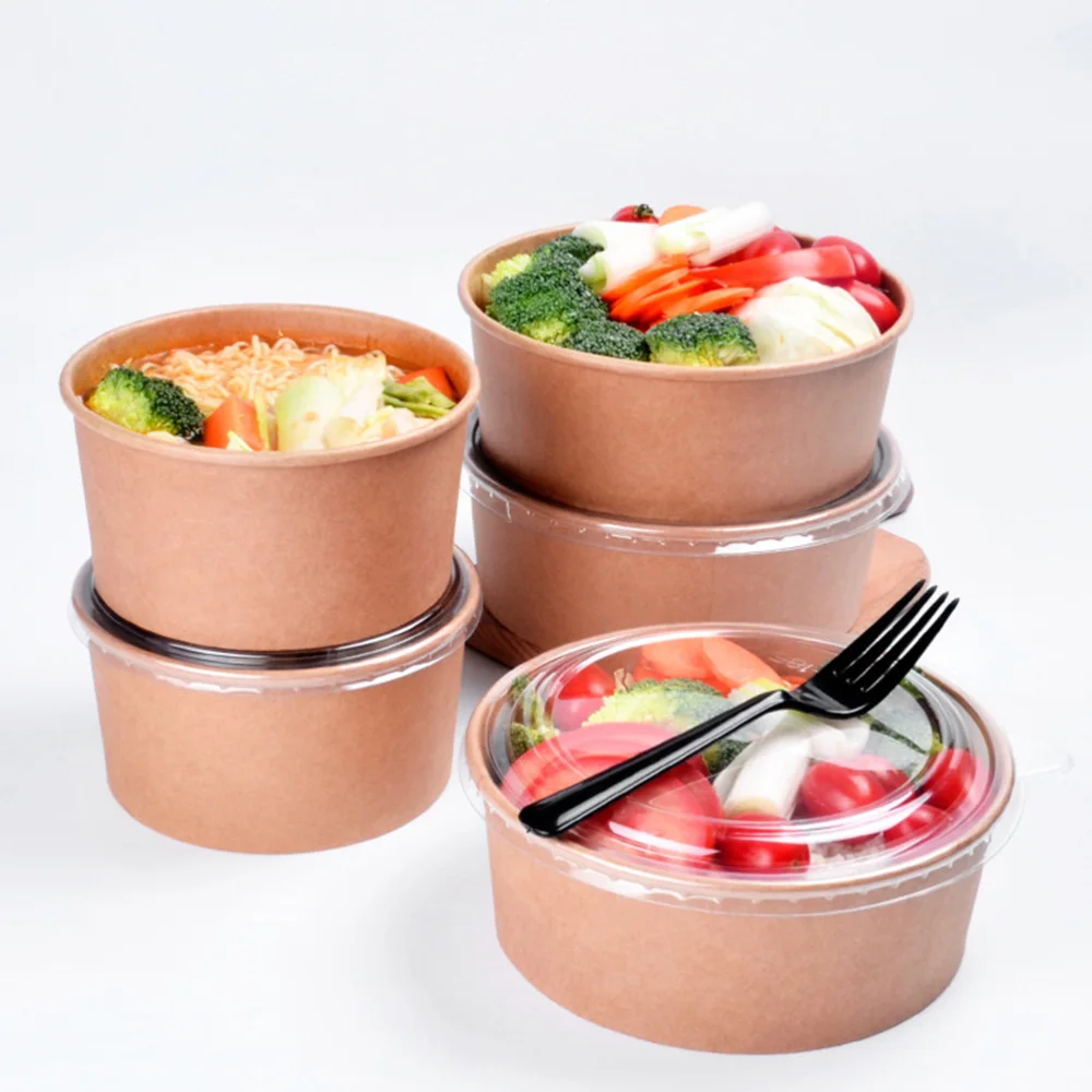 

20pcs Disposable Kraft Paper Bowls Fruit Salad Bowl Food Packaging Containers Party Favor (16oz, with Lid)