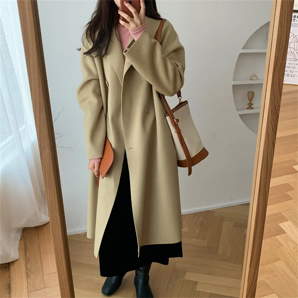 

FAKUNTN Women Mid-Length Vintage Elegant Lapel Woolen Coats 2021 Hot Winter Stylish Casual Office Lady High Street Trench