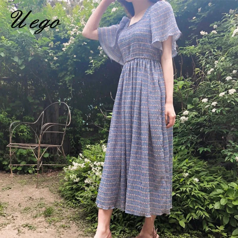Uego модное женское летнее платье с рукавом бабочкой в Корейском стиле INS цветочным