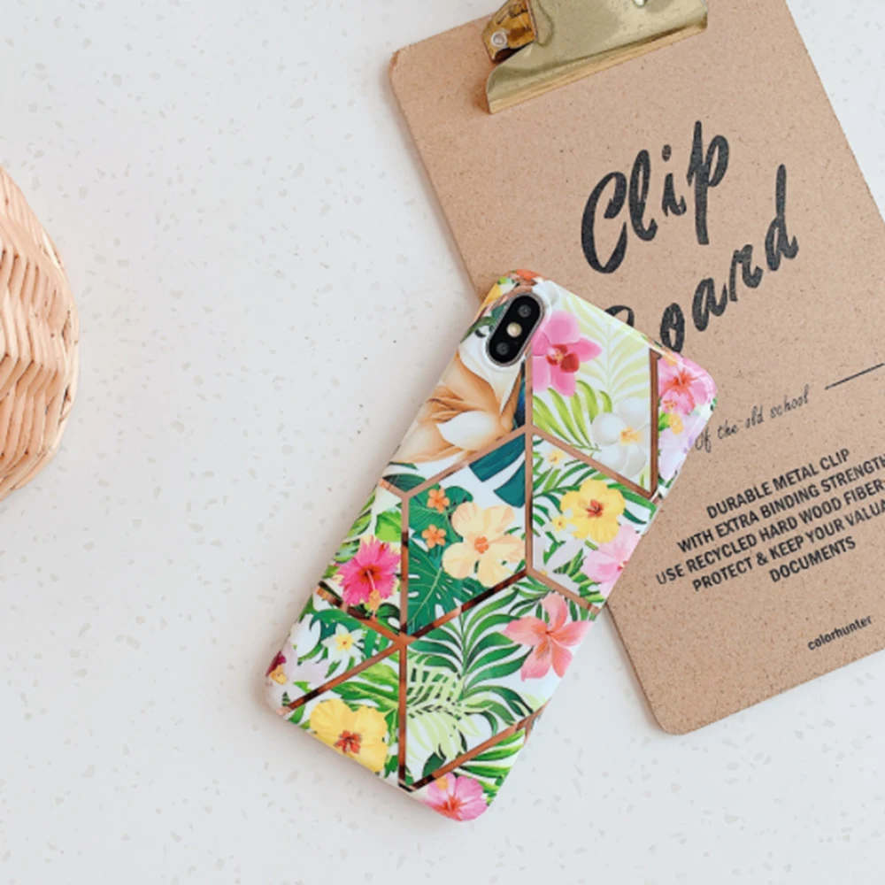 

Geometric Stitching Flower Phone Cases For iPhone 11 Pro Max X XR XS Max 6 6S 7 8 Plus Soft Electroplated Back Cover Coque