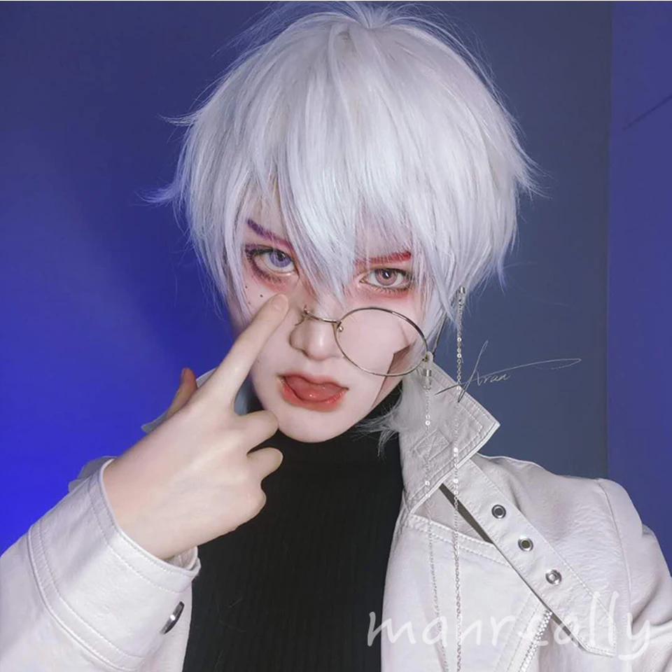 

HOUYAN White wig male short hair cos universal Korean synthetic wig Japanese handsome natural headwear style g