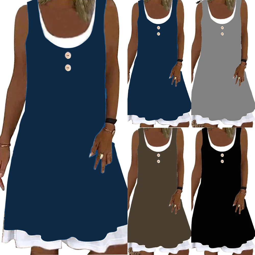 

2021 Summer Vacation Two Midwaist Solid Color Sleeveless O-Neck Slim Women's Fashion Casual Dress Sheath Mini Ladies Dress