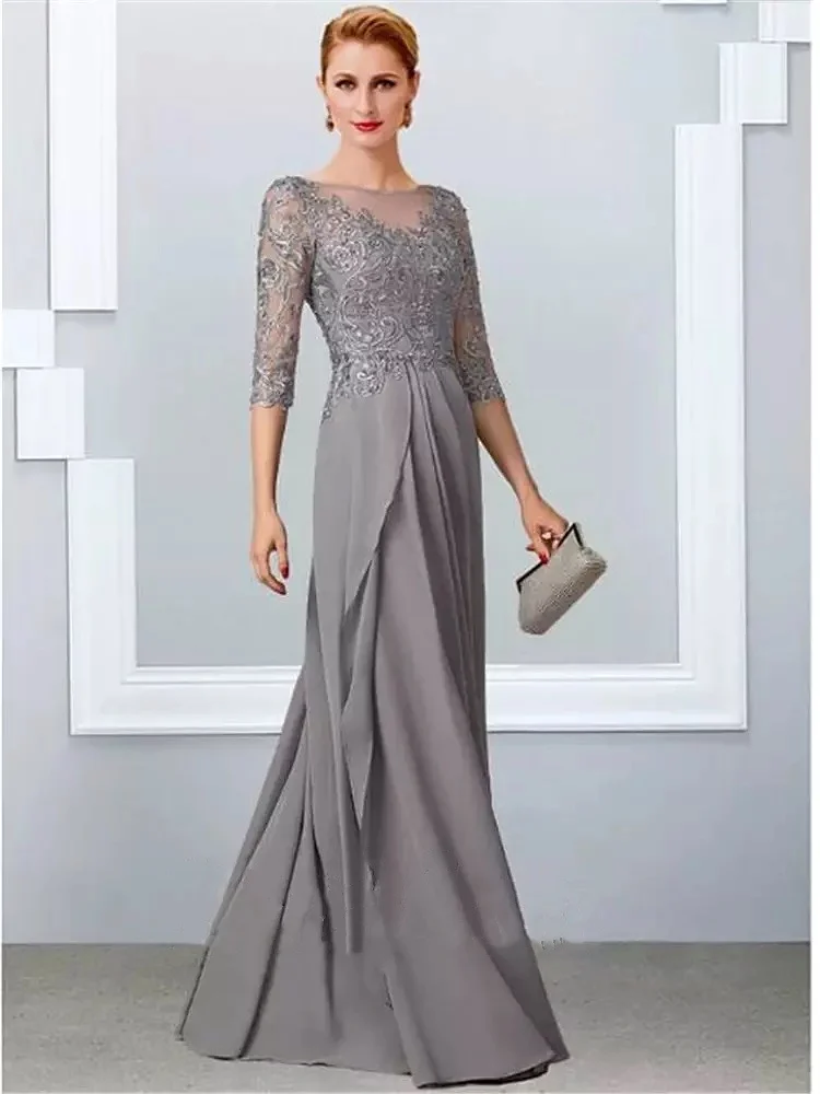 

Silver Grey Chiffon Mother Of The Bride Dresses O-Neck Half Sleeves Applique Lace Ruched Wedding Party Groom Mothers Prom Gowns