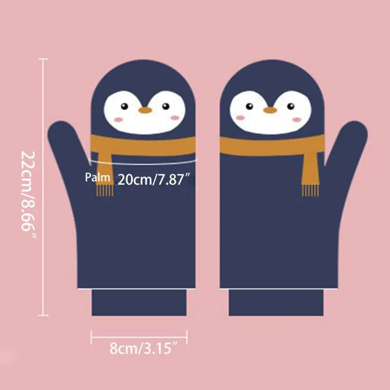 

Kids Boy Girl Cartoon Penguin Waterproof Gloves Double Layer Ribbed Cuff Adjustable Anti-Slip Winter Ski Windproof Mittens 7-12T