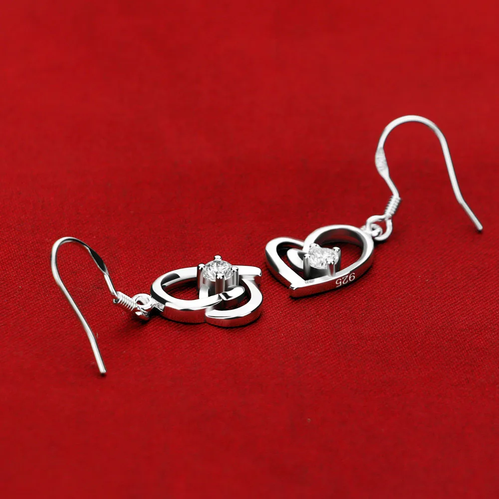 

New Women's 925 Sterling Silver Earrings Heart Pendant Design Shine Zircon Inlay Real Silver Earrings Not Allergic Birthday Gift
