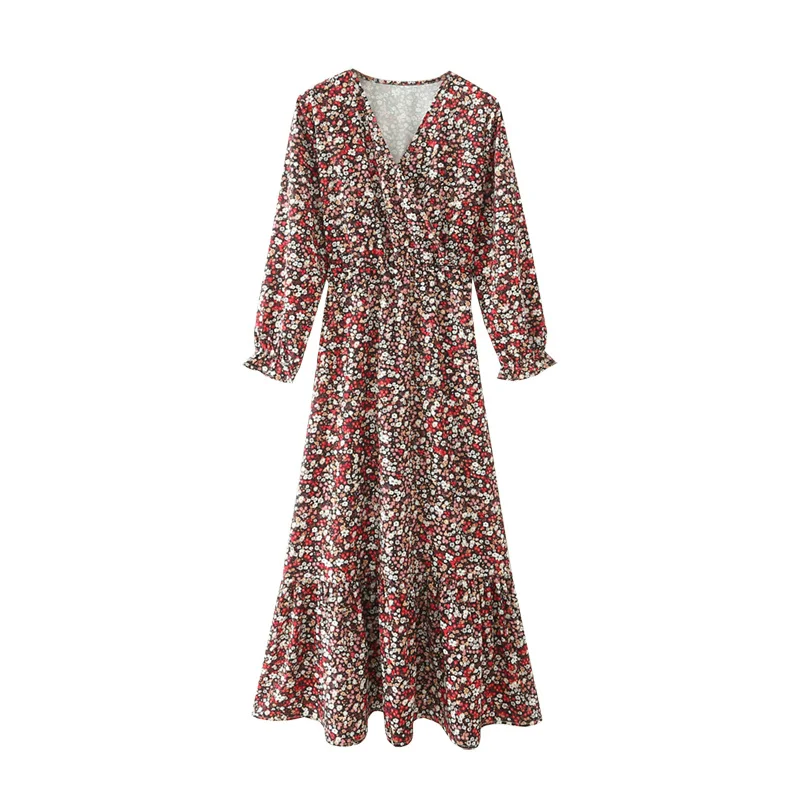 

New Women Vintage Floral Printed Dress Long Sleeves V-Neck Elegant Chic Lady Maxi Boho Dresses Woman Robe