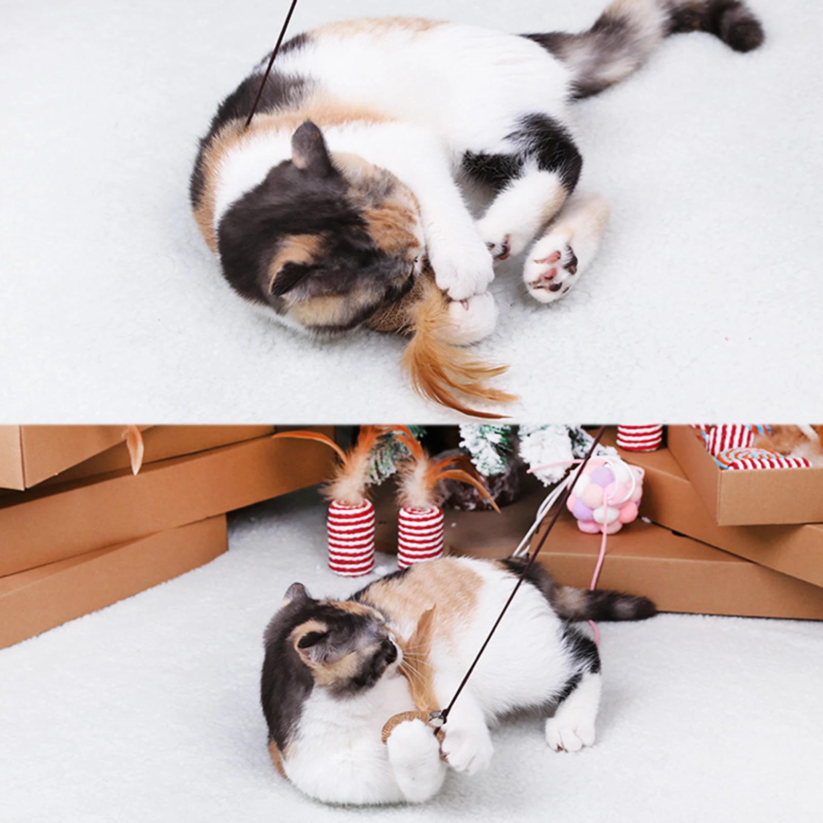 

40cm Pet Cat Teaser Toys Feather Linen Wand Cat Catcher Teaser Stick Cat Interactive Toys Wood Rod Mouse Toy With Mini Bell