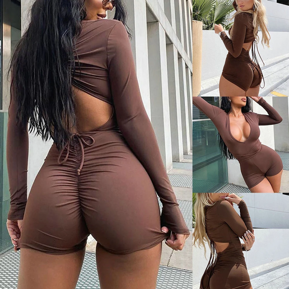 

Deep V Women Sexy Skinny Long Sleeve Shorts Jumpsuit Solid Drawstring Backless Cutout Rompers Hip Lift Party & Club Clothes D30