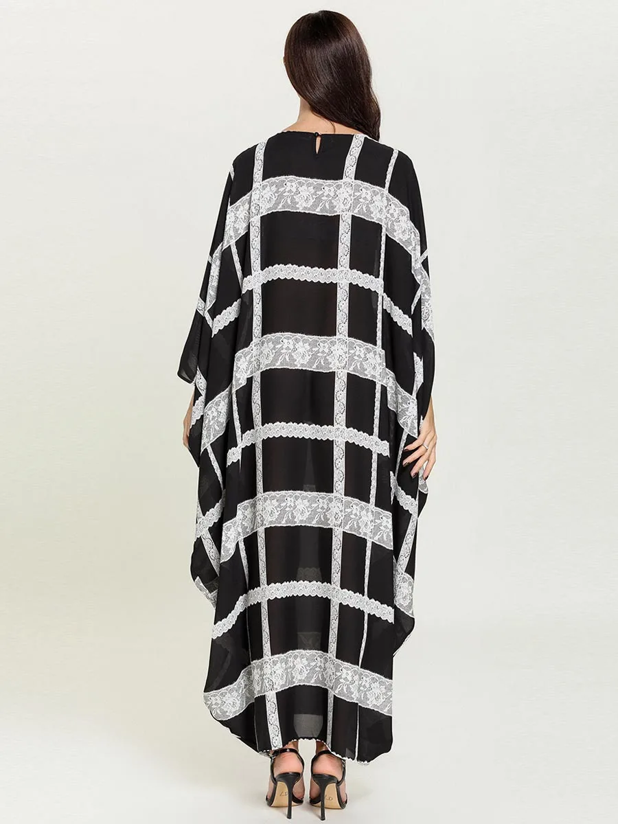 

women lace patchwork robe batwing sleeve Maxi Dress plus size Long gown Eid Ramadan kaftan Islamic muslim abaya Jubah Kimono