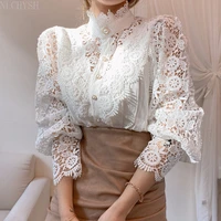 autumn women lace blouse petal sleeve hollow out flower lace patchwork shirt femme blusas stand collar button white top 12419