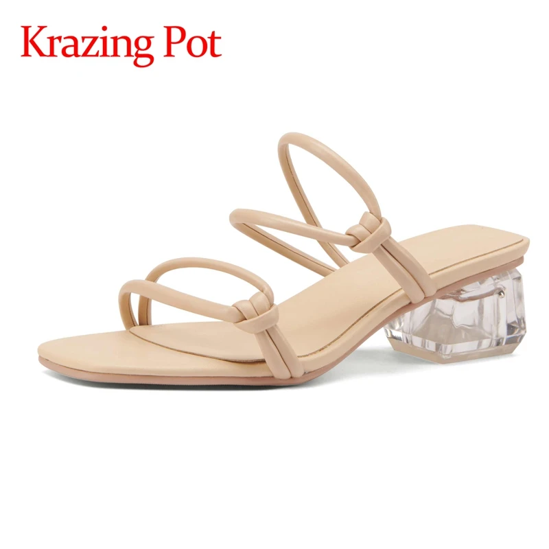 

Krazing Pot hot big size square head fish mouth med heels strange style crystal heel young lady mules slip on women sandals L8f5