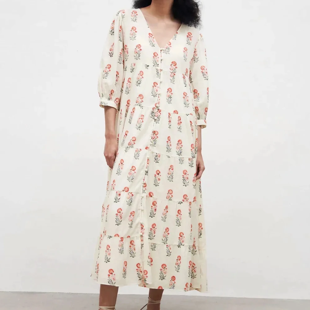 

Za 2021 Oversize Summer women V Neck Baggy long Dresses Fashion Pleated casual Plus Size Vestido loose Flower Printed Midi Dress