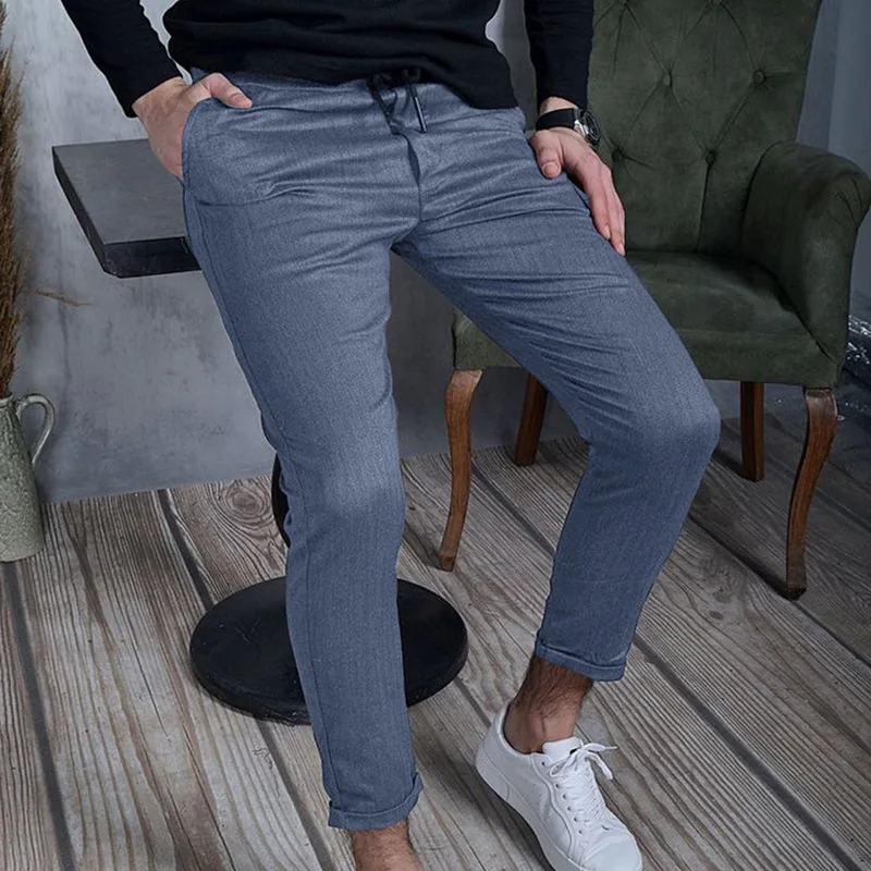 Брюки мужские тонкие в полоску модные облегающие повседневные штаны султанки