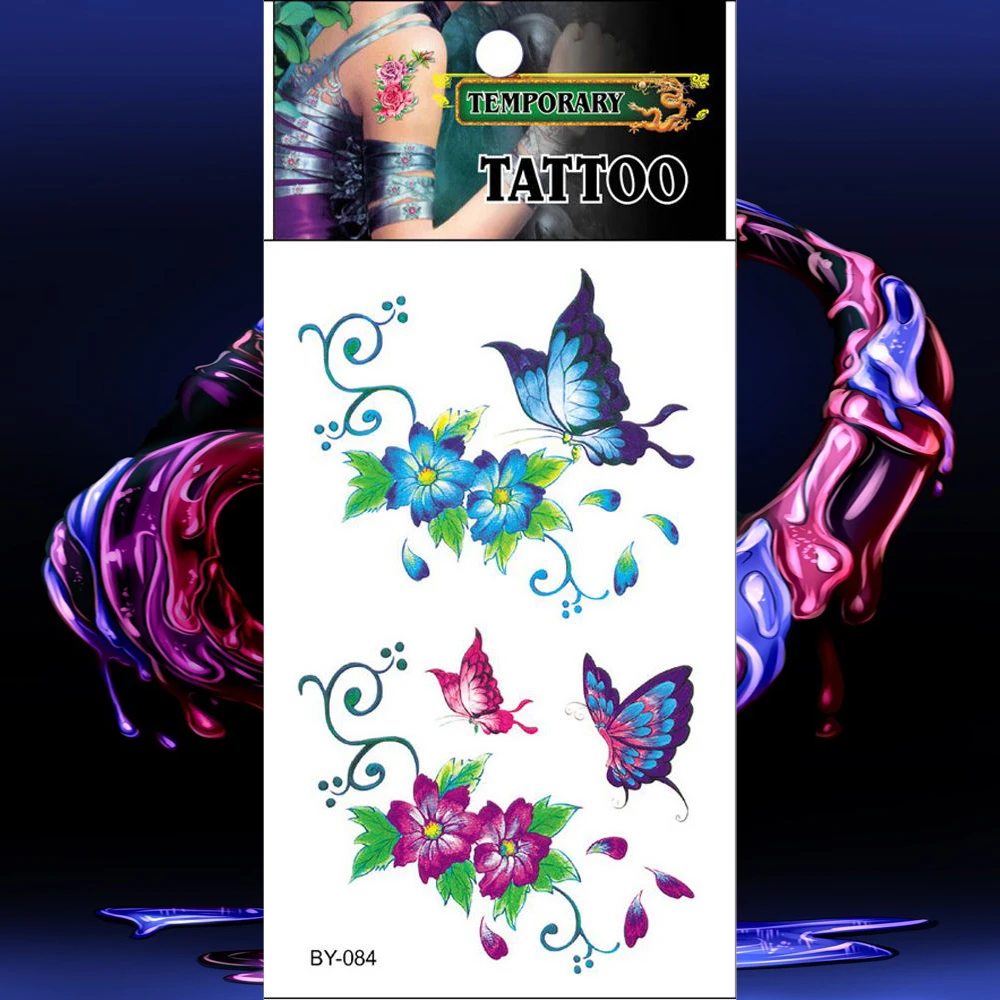 Водостойкая наклейка для татуировки цветные бабочки и цветы Временные боди арт