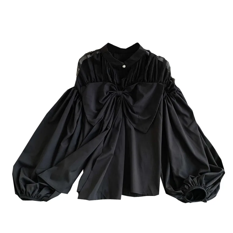 

Spring Autumn Fashion Temperament Shirt Women's Bowknot Lantern Sleeve Retro Loose Top Blouse Women UK655