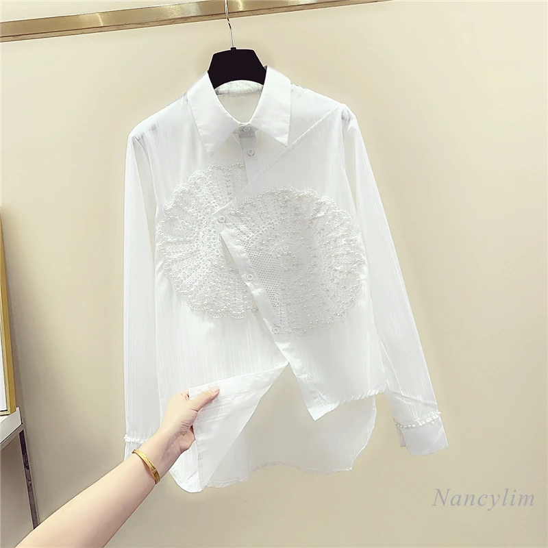White Shirt Women 2021 Spring and Autumn Long-Sleeved Beaded Lace Stitching Irregular Blouse Female Fashion Top Nancylim