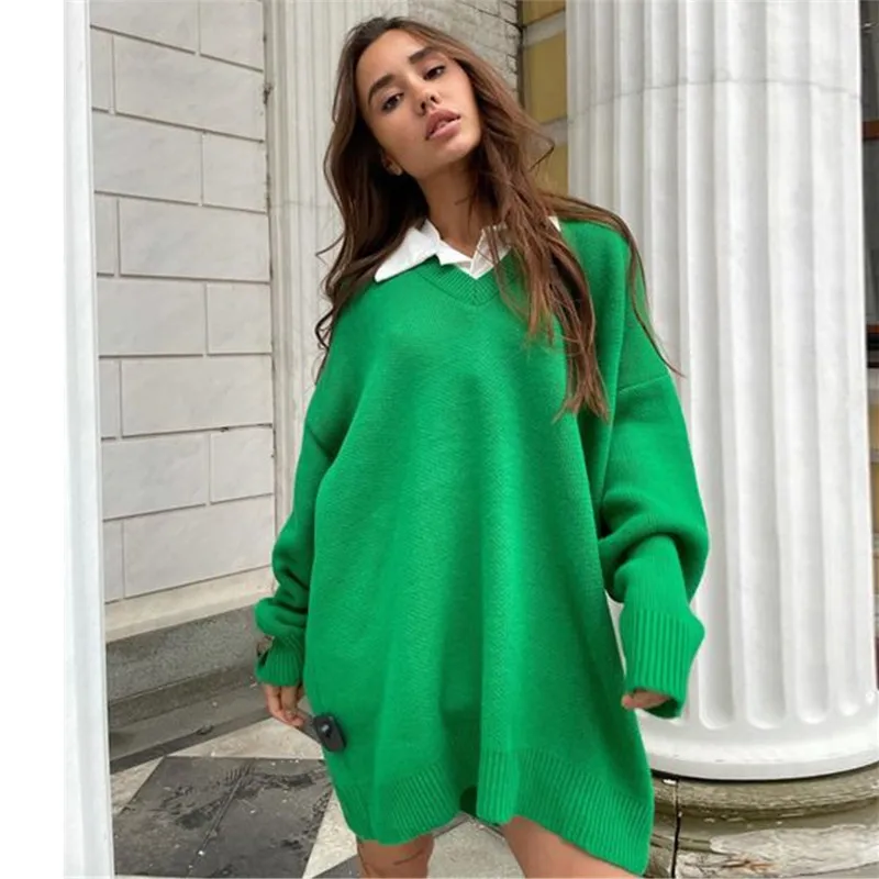 

Knitted Women Pullovers Autumn Winter Oversized Top Streetwear Green V Neck Long Sleeve 2021 Loose Casual Sweater Dress