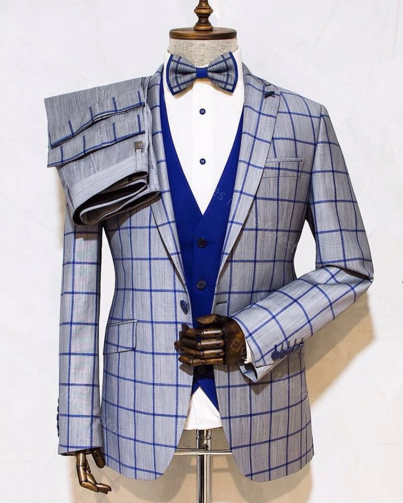 

Classic Plaid Wedding Groom Tuxedos Prom Party Stage Slim fit Business Men Suits Blazer 3 Pieces( Jacket+Navy Blue Vest+Pants)
