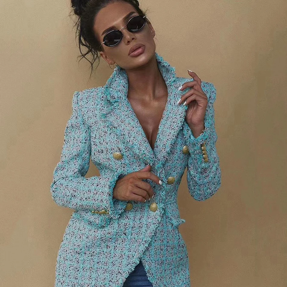 Модное клетчатое Женское пальто с длинным рукавом двубортное облегающее