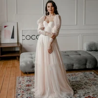 2022 boho tulle long sleeves wedding dress for women princess sweetheart neck a line appliques sweep train backless bridal gown
