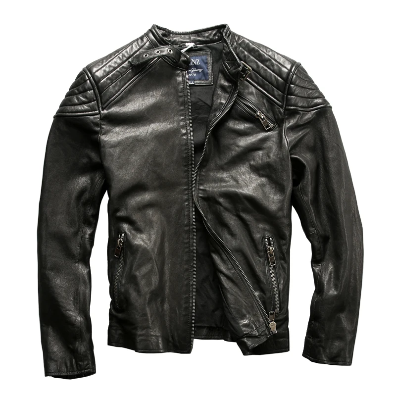 

New Fashion Motorcycle Slim Genuine Men Stand Collar Casual Goat Leather Jacket Male Winter Coat