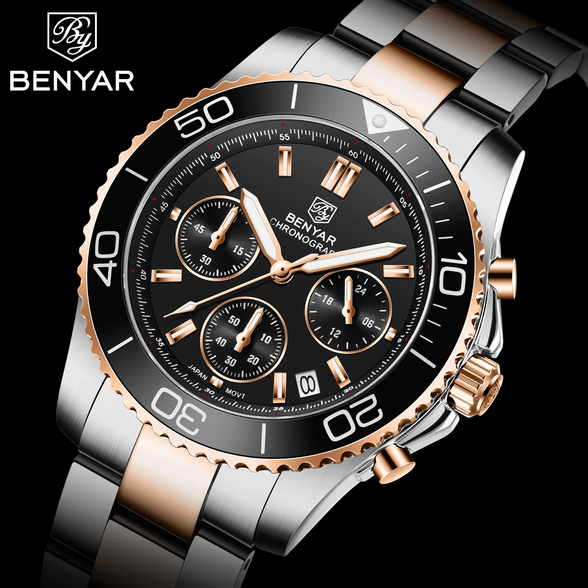 BENYAR New Men's Fashion Sports Multifunctional Timing Code Meter Luxury Quartz Watch Stainless Steel Automatic Waterproof Clock