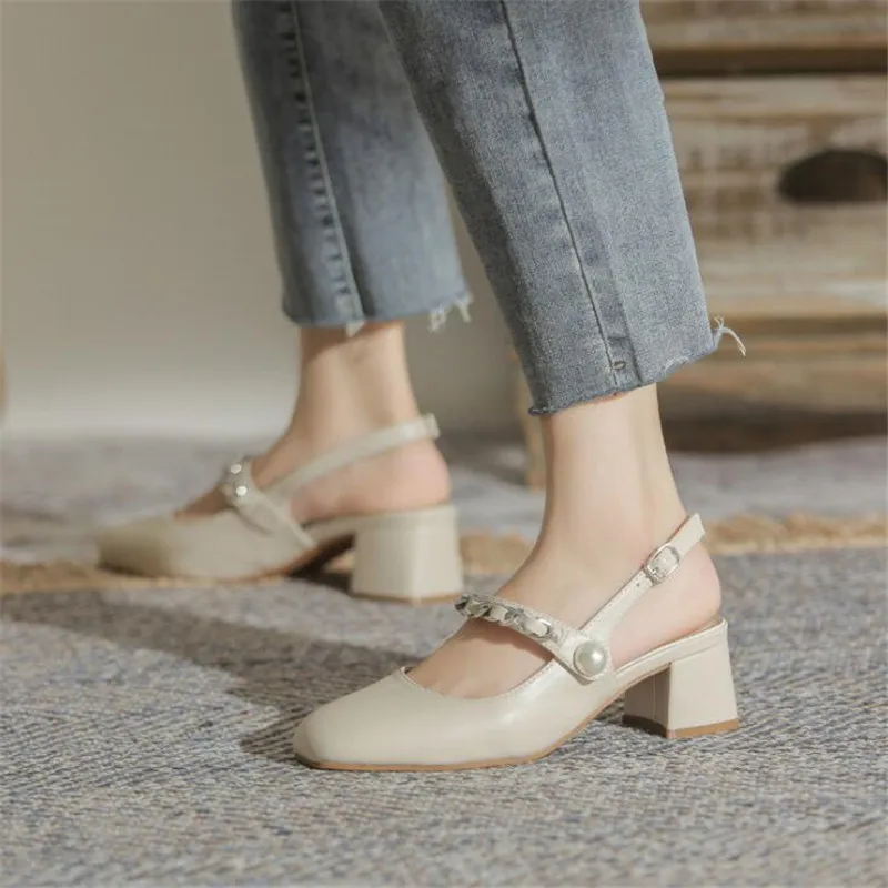 

Spring Girls' Leather Shoes Women Slingbacks Shoes High Heels Genuine Leather Thick High Heel Shoes Solid Color Pumps Ladies