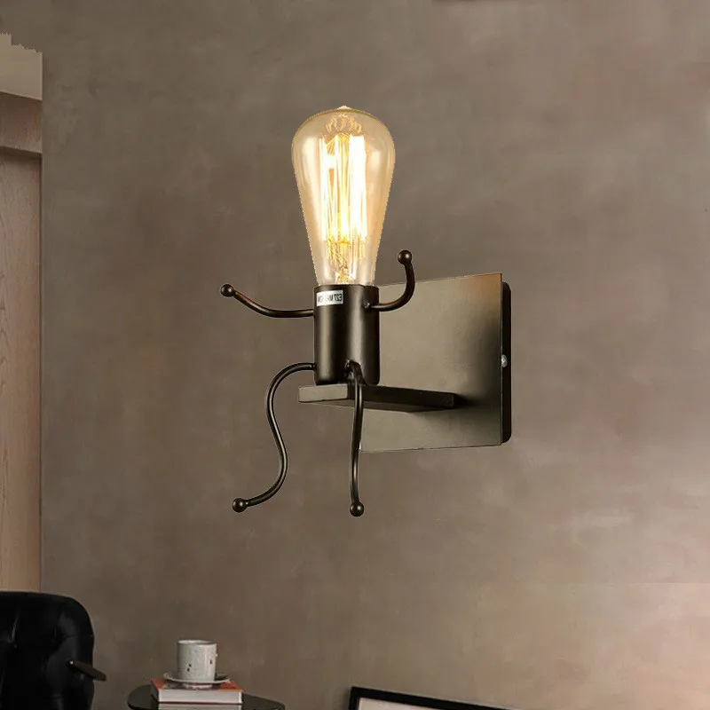 

Vintage Industrial Style Iron Craft Wall Lamp Personalized & Creative Corridor Villain Robot Wall Lamp Led Bra Cherub Lights LED
