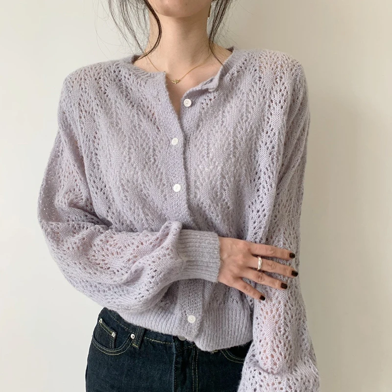 

HiloRill Women Chic Knitted Blouses 2021 Lantern Long Sleeve Cardigan Blouse Solid Hollow Out Elegant Tops Blusa Feminina