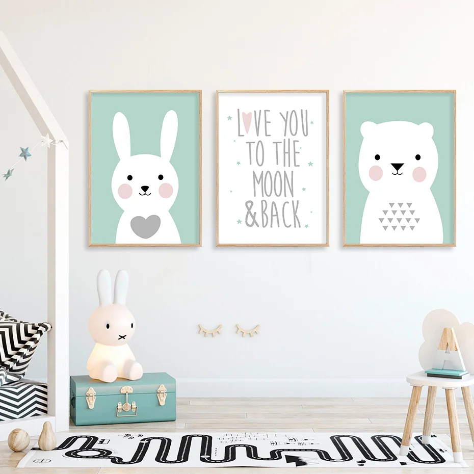 

Картина на холсте для детской комнаты, с мультяшным медведем, зайцем, надписью Love You to The Moon and Back