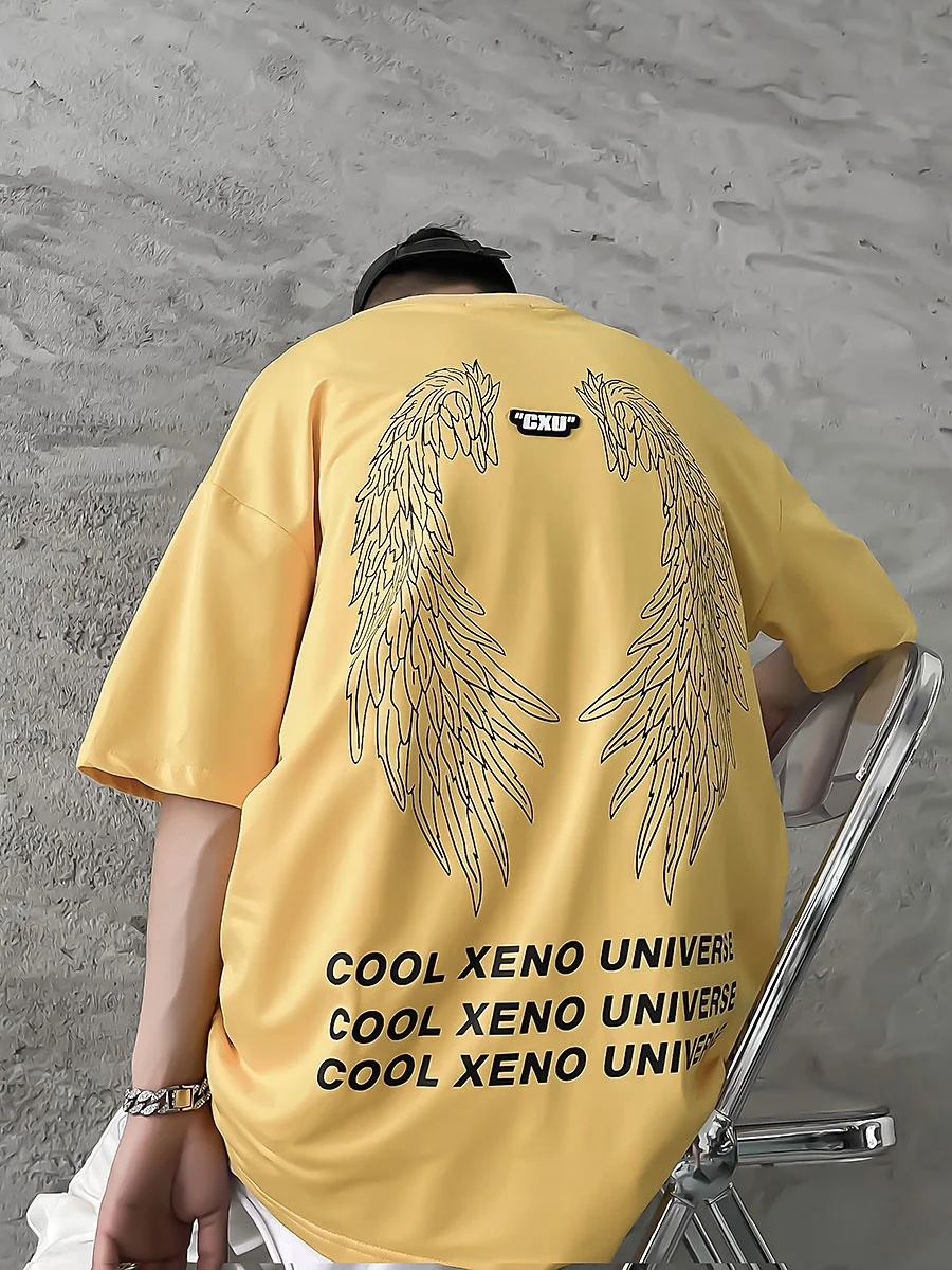 

QING MO 2021 New Summer Couple T-shirt Angel Wings Print Loose Casual T-shirt Short Sleeve Couple Wear White Pink Green ZWL019