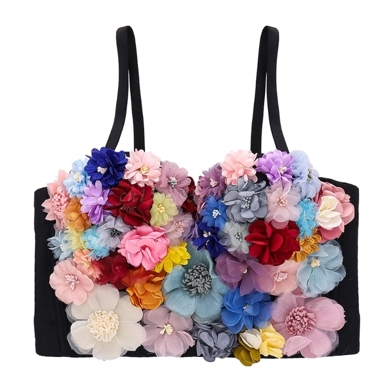 

Women Sexy Spaghetti Strap Bustier Bra 3D Colorful Artificial Floral Push Up Camisole Vest Wedding Club Party V-Neck Corset